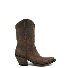 Load image into Gallery viewer, Women's Short Brown Cowboy Boots Brown Flame Stitch on Vamp with Brown Stitch Classic Toe Medallion Brown Fancy Western Stitch Pattern on Shaft Antique Metal Toe Rand 10" Height Pointy Round Toe 3" Fashion High Heel Teak Sole