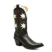 Load image into Gallery viewer, Women's chocolate oiled cowhide leather cowboy boots. 1960's vintage inspired design with green and tan stitching and white floral inlays on the shaft. White collar with green star inlays. Round toe with a classic western toe medallion and a 3" fashion heel.