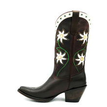 Load image into Gallery viewer, Women's chocolate oiled cowhide leather cowboy boots. 1960's vintage inspired design with green and tan stitching and white floral inlays on the shaft. White collar with green star inlays. Round toe with a classic western toe medallion and a 3" fashion heel.