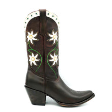 Load image into Gallery viewer, Women's chocolate oiled cowhide leather cowboy boots. 1960's vintage inspired design with green and tan stitching and white floral inlays on the shaft. White collar with green star inlays. Round toe with a classic western toe medallion and a 3" fashion heel.