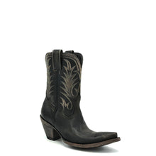 Load image into Gallery viewer, Women's Distressed Black Short Cowboy Boots Tan Stitch Classic Vintage Toe Medallion Traditional Flame Stitch Pattern on Shaft 9" Height Snip Toe 3" Fashion Heel Distressed Black Sole