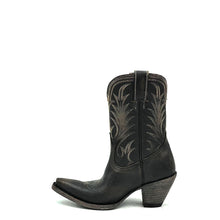 Load image into Gallery viewer, Women's Distressed Black Short Cowboy Boots Tan Stitch Classic Vintage Toe Medallion Traditional Flame Stitch Pattern on Shaft 9" Height Snip Toe 3" Fashion Heel Distressed Black Sole