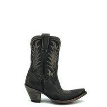 Load image into Gallery viewer, Women's Distressed Black Short Cowboy Boots Tan Stitch Classic Vintage Toe Medallion Traditional Flame Stitch Pattern on Shaft 9" Height Snip Toe 3" Fashion Heel Distressed Black Sole