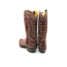Load image into Gallery viewer, Men&#39;s Burgundy Cowboy Boots Gold and Grey Flame  and Fancy Stitch Pattern 12&quot; Height 1&quot; Box Toe 1 1/4&quot; Heel Size 9.5
