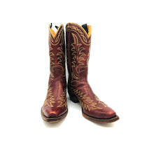 Load image into Gallery viewer, Men&#39;s Burgundy Cowboy Boots Gold and Grey Flame  and Fancy Stitch Pattern 12&quot; Height 1&quot; Box Toe 1 1/4&quot; Heel Size 9.5
