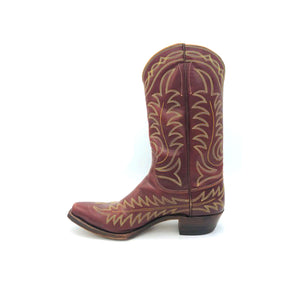 Men's Burgundy Cowboy Boots Gold and Grey Flame  and Fancy Stitch Pattern 12" Height 1" Box Toe 1 1/4" Heel Size 9.5