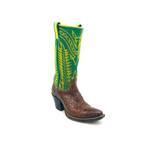 Load image into Gallery viewer, Women's Brown Alligator Cowboy Boots Green Stovepipe Shaft Fancy Western Yellow Stitch 12" Height Snip Toe 2" Underslung Heel Size 5