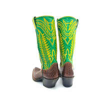 Load image into Gallery viewer, Women's Brown Alligator Cowboy Boots Green Stovepipe Shaft Fancy Western Yellow Stitch 12" Height Snip Toe 2" Underslung Heel Size 5