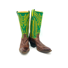 Load image into Gallery viewer, Women's Brown Alligator Cowboy Boots Green Stovepipe Shaft Fancy Western Yellow Stitch 12" Height Snip Toe 2" Underslung Heel Size 5