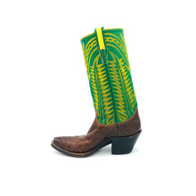 Load image into Gallery viewer, Women's Brown Alligator Cowboy Boots Green Stovepipe Shaft Fancy Western Yellow Stitch 12" Height Snip Toe 2" Underslung Heel Size 5