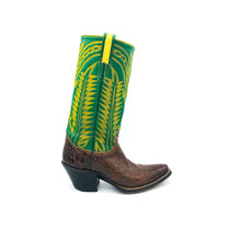 Load image into Gallery viewer, Women's Brown Alligator Cowboy Boots Green Stovepipe Shaft Fancy Western Yellow Stitch 12" Height Snip Toe 2" Underslung Heel Size 5