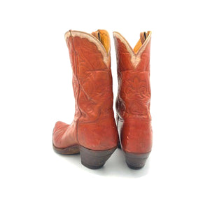 Women's Cognac Cowboy Boots Cream Collar Stitched "F" and "O" Initials on Shaft 9" Height Snip Toe 2" Underslung Heel Size 5