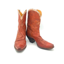 Load image into Gallery viewer, Women&#39;s Cognac Cowboy Boots Cream Collar Stitched &quot;F&quot; and &quot;O&quot; Initials on Shaft 9&quot; Height Snip Toe 2&quot; Underslung Heel Size 5
