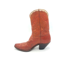 Load image into Gallery viewer, Women&#39;s Cognac Cowboy Boots Cream Collar Stitched &quot;F&quot; and &quot;O&quot; Initials on Shaft 9&quot; Height Snip Toe 2&quot; Underslung Heel Size 5
