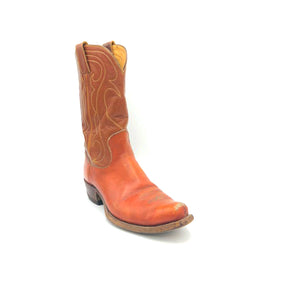 Men's Cognac Cowboy Boots Light Brown Shafts Grey and Gold Western Stitch Pattern 10" Height 1" Box Toe 1 1/4" Heel Brown Sole