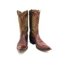 Load image into Gallery viewer, Men&#39;s Brown Cowboy Boots Elaborate Green Orange and Yellow Western Stitch Toe Medallion 12&quot; Height Pointed Toe 1 1/2&quot; Heel Size 8 
