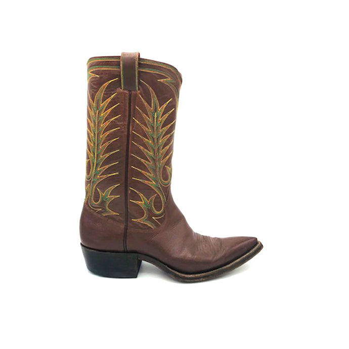 Men's Brown Cowboy Boots Elaborate Green Orange and Yellow Western Stitch Toe Medallion 12