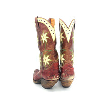 Load image into Gallery viewer, Women&#39;s Burgundy Cowboy Boots Green and Tan Stitch White Floral Inlays White Collar with Perforations 11 1/2&quot; Height Pointed Toe 2&quot; Extremely Underslung Heel
