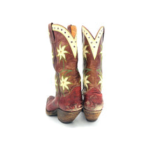 Load image into Gallery viewer, Women's Burgundy Cowboy Boots Green and Tan Stitch White Floral Inlays White Collar with Perforations 11 1/2" Height Pointed Toe 2" Extremely Underslung Heel