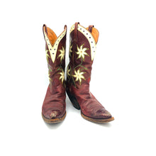 Load image into Gallery viewer, Women's Burgundy Cowboy Boots Green and Tan Stitch White Floral Inlays White Collar with Perforations 11 1/2" Height Pointed Toe 2" Extremely Underslung Heel