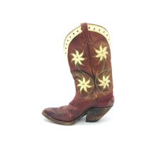 Load image into Gallery viewer, Women's Burgundy Cowboy Boots Green and Tan Stitch White Floral Inlays White Collar with Perforations 11 1/2" Height Pointed Toe 2" Extremely Underslung Heel