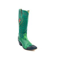 Load image into Gallery viewer, Women's Green Cowboy Boots Black Lizard Wingtip Heel Counter Red Stitch Mule Ear Pull Straps with Red Inaly 13" Height Pointed Toe 1 1/2"