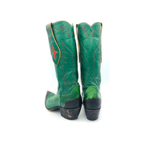 Load image into Gallery viewer, Women's Green Cowboy Boots Black Lizard Wingtip Heel Counter Red Stitch Mule Ear Pull Straps with Red Inaly 13" Height Pointed Toe 1 1/2"