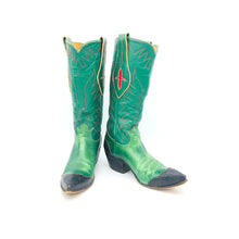 Load image into Gallery viewer, Women's Green Cowboy Boots Black Lizard Wingtip Heel Counter Red Stitch Mule Ear Pull Straps with Red Inaly 13" Height Pointed Toe 1 1/2"