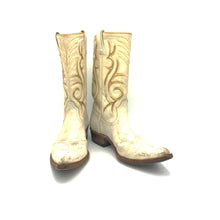 Load image into Gallery viewer, Women's White and Gold Cowboy Boots Stovepipe Shaft Metallic Gold Inalys Toe Medallion 11" Height Pointed Toe 1 1/4" Heel Size 6.5