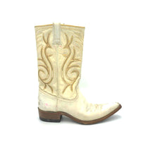 Load image into Gallery viewer, Women's White and Gold Cowboy Boots Stovepipe Shaft Metallic Gold Inalys Toe Medallion 11" Height Pointed Toe 1 1/4" Heel Size 6.5