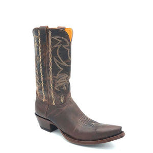Men's handmade distressed brown cowhide leather cowboy boots. Tan stitch. Vintage style toe medallion. 12" height. Tan lining. Snip toe. 1 1/2" western heel. Brown leather sole.