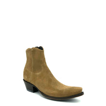 Load image into Gallery viewer, Boot Star men's short brown ankle zip cowboy boots are handmade with tan suede cowhide leather and they have a classic western toe medallion on the vamp. 7" height, snip toe and 1 1/2" heel. Brown leather sole.