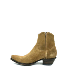 Load image into Gallery viewer, Boot Star men's short brown ankle zip cowboy boots are handmade with tan suede cowhide leather and they have a classic western toe medallion on the vamp. 7" height, snip toe and 1 1/2" heel. Brown leather sole.