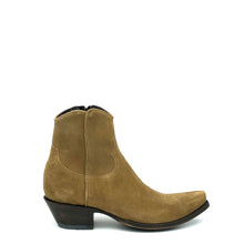 Load image into Gallery viewer, Boot Star men's short brown ankle zip cowboy boots are handmade with tan suede cowhide leather and they have a classic western toe medallion on the vamp. 7" height, snip toe and 1 1/2" heel. Brown leather sole.