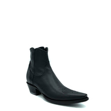 Load image into Gallery viewer, Boot Star men's short black ankle zip cowboy boots are handmade with black calfskin leather and they have a classic western toe medallion on the vamp. 7" height, snip toe and 1 1/2" heel. Black leather sole.