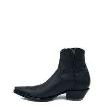 Load image into Gallery viewer, Boot Star men's short black ankle zip cowboy boots are handmade with black calfskin leather and they have a classic western toe medallion on the vamp. 7" height, snip toe and 1 1/2" heel. Black leather sole.
