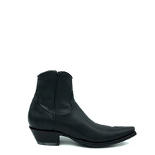 Load image into Gallery viewer, Boot Star men's short black ankle zip cowboy boots are handmade with black calfskin leather and they have a classic western toe medallion on the vamp. 7" height, snip toe and 1 1/2" heel. Black leather sole.