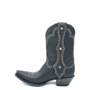 Men's handmade distressed black cowhide leather cowboy boots. White stitch. Silver studded mule ear pull-straps. Traditional western toe medallion. 11" height. Black leather lining. Snip toe. 1 1/2" western heel. Distressed black leather sole.