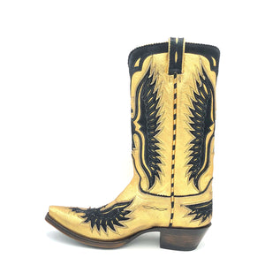 Men's handmade metallic gold and black suede cowhide leather cowboy boots. Black suede eagle inlay on vamp, tube and heel counter. Black suede collar, piping and pull-straps. 13" height. Black leather lining. Snip toe. 1 1/2" heel. Teak leather sole.