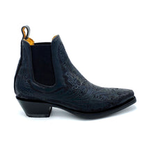 Load image into Gallery viewer, Men's Handtooled Floral Pattern Black Ankle Cowboy Boots Tan Calf Lining Gore Side Openings 6" Height Snip Toe 1 1/2" Underslung Heel Black Sole