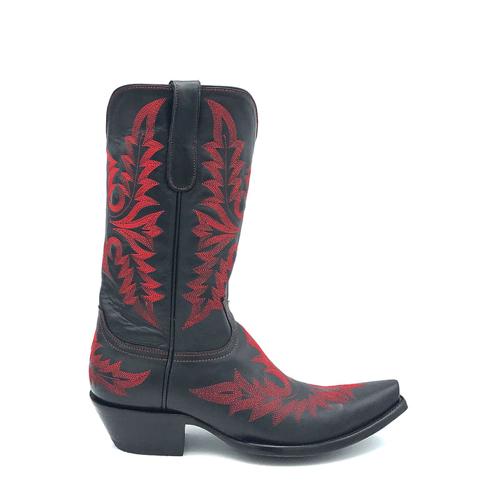 Men's handmade black cowhide leather cowboy boots. Red flame stitch on vamp, shaft and heel counter. Black lining. 12