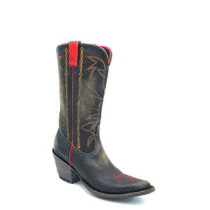 Women's handmade distressed black cowhide leather cowboy boots. Red and yellow vintage style stitch on shaft. Red pull-straps and side seams. Vintage style toe medallion. 12" height. Black lining. Rounded toe. 2 3/4" fashion heel. Black distressed leather sole.