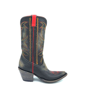 Women's handmade distressed black cowhide leather cowboy boots. Red and yellow vintage style stitch on shaft. Red pull-straps and side seams. Vintage style toe medallion. 12" height. Black lining. Rounded toe. 2 3/4" fashion heel. Black distressed leather sole.