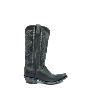 Women's Distressed Black Cowboy Boots with Fancy Bone Stitch on Shaft Bone Stitch Classic Vintage Toe Medallion 12" Height Snip Toe 1 1/2" Heel Distressed Black Sole