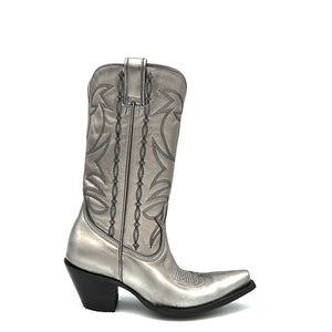 Women's handmade metallic gunmetal leather cowboy boots. Metallic silver stitch on tube. Vintage style toe medallion. 12" height .Black lining .Rounded toe. 2 3/4" fashion heel. Black leather sole.