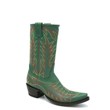 Load image into Gallery viewer, Women's Green Fashion Cowboy Boots Fancy Red and Yellow Stitch Pattern on Vamp Heel Counter and Shaft 11" Height Snip Toe 3" Fashion High Heel Teak Sole