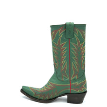 Load image into Gallery viewer, Women's Green Fashion Cowboy Boots Fancy Red and Yellow Stitch Pattern on Vamp Heel Counter and Shaft 11" Height Snip Toe 3" Fashion High Heel Teak Sole