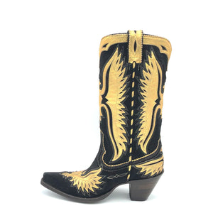 Women's handmade black suede and metallic gold cowhide leather cowboy boots. Gold metallic eagle inlays on vamp, tube and heel counter. 13" height. Black lining. Snip toe. 3" fashion high heel. Teak leather sole.