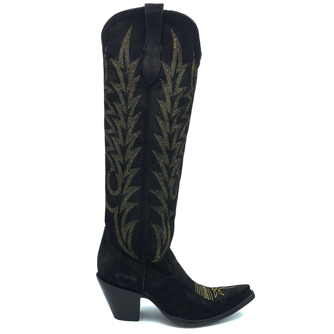 Women's handmade black suede cowhide leather cowboy boots. Metallic gold flame stitch on shaft. Traditional western toe medallion. Black lining. 18