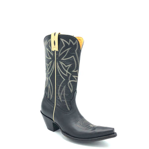 Women's handmade black cowhide leather cowboy boots. Bone vintage style stitch on shaft. Bone pull-straps and side seams. Traditional western toe medallion. Tan lining. 12" height. Snip toe. 2 3/4" high heel. Black leather sole.